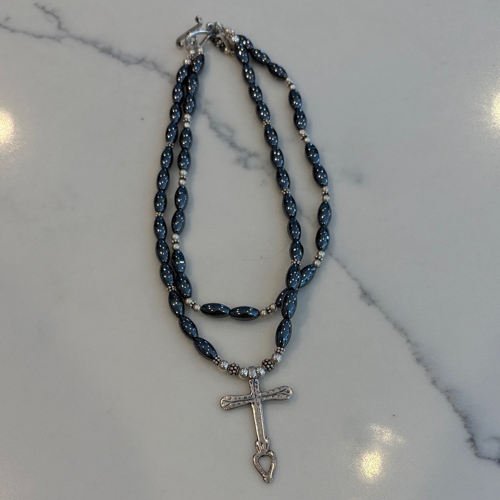 Hematite New & Sterling Silver & Beaded Double Strand Necklace W Cross Pendant